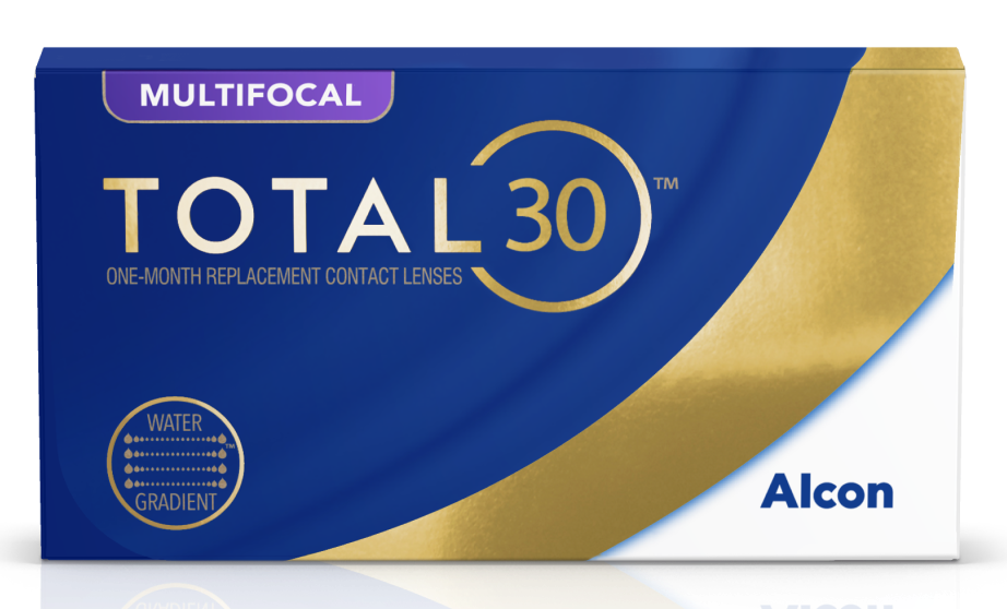 Total30 Multifocal monthly replacement contact lens product box floating in clouds