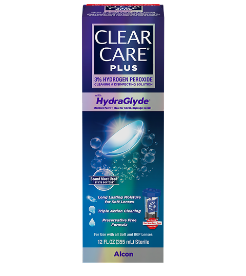 CLEAR CARE PLUS with HydraGlyde Cleaning & Disinfecting Solution box featuring Alcon logo.