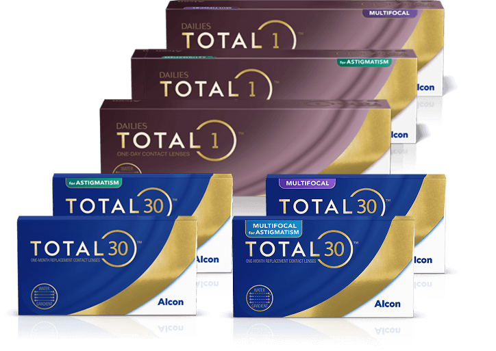 Family contact lens product box shots for Total including Dailies Total1, Dailies Total1 Multifocal, Dailies Total1 for Astigmatism, and Total30 monthly lenses