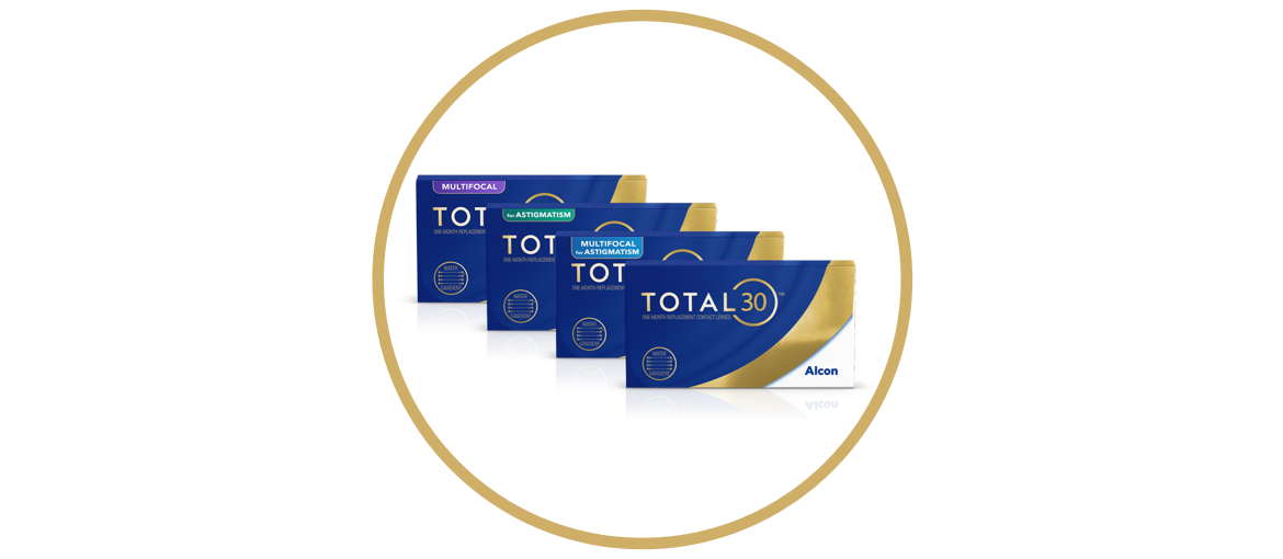 Product boxes for Total30 for Astigmatism and Total30 monthly contact lenses by Alcon